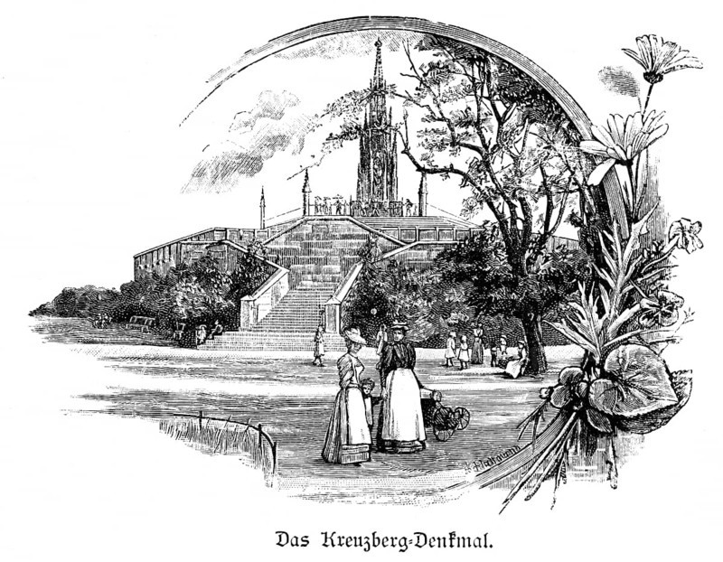 Kreuzberg Monument, Berlin, park, national monument, wars of liberation, King Friedrich Wilhelm III, hill, tower, stairs, visitors, woman, apron, decoration, Germany, historical illustration around 1989, Europe