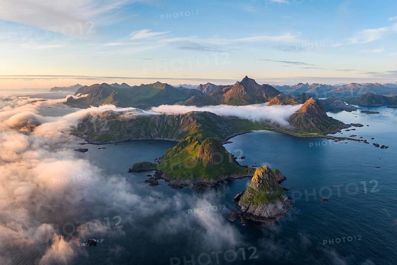 Coast, fjords and mountains, Mount Trehyrna, near Nykvag, Langoya island, Vesteralen archipelago, Norway, Europe