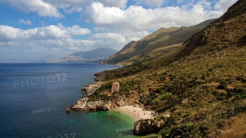 Coastline, green hills, green bay, small beach, blue cloudy sky, Zingaro, national park, nature reserve, northwest, Sicily, Italy, Europe