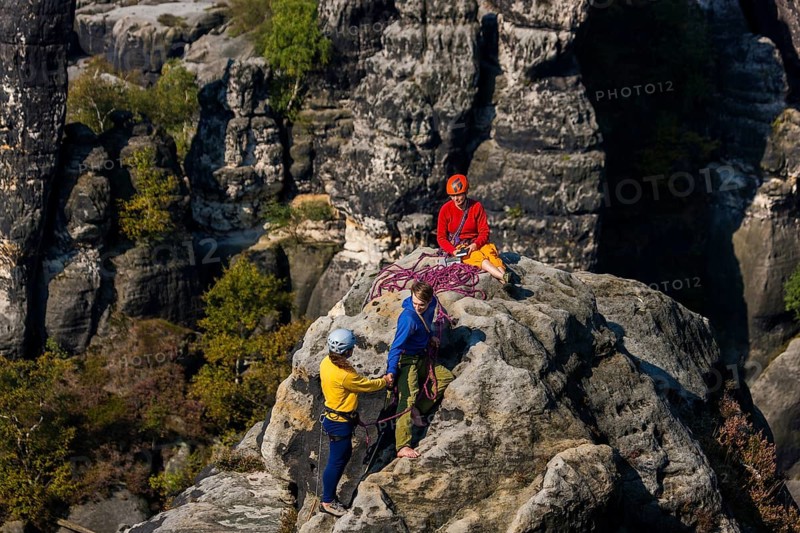 Climbers in the Schrammstein area in Saxon Switzerland