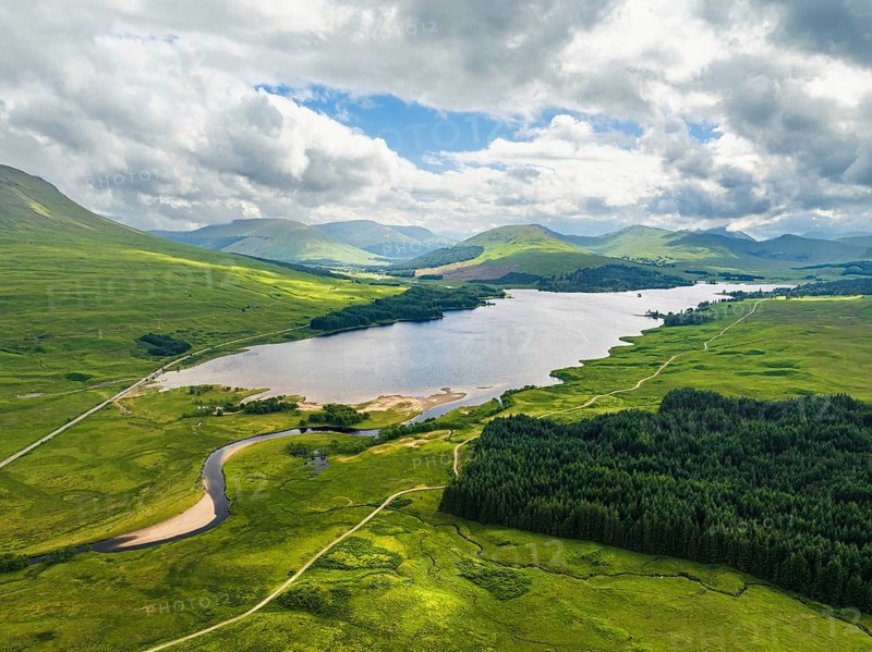 Loch Tulla and Beinn Dorain from a drone, Glen Coe, Highlands, Scotland, UK