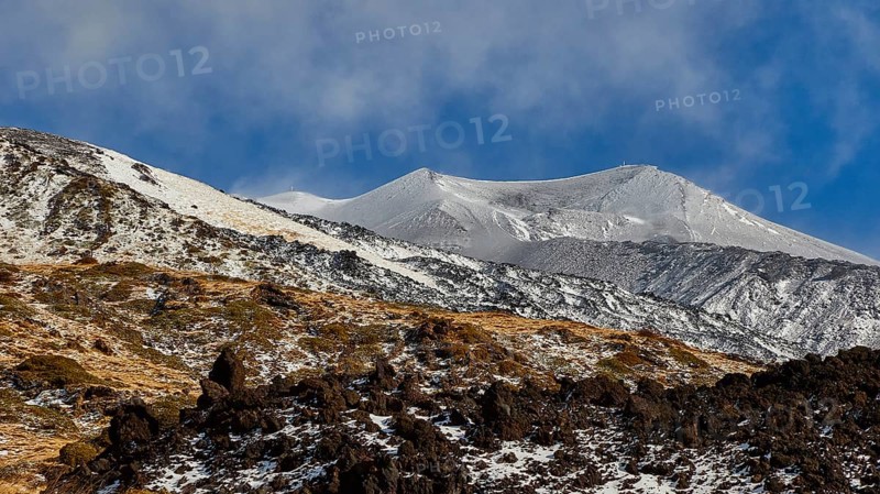 Lava scree, snow-capped peaks, blue sky, white clouds, Etna, volcano, Eastern Sicily, Sicily, Italy, Europe