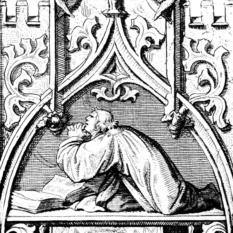 Martin Luther in prayer, ornaments, bible, kneeling, semicircle, religion, Christianity, 16th century, historical illustration c. 1860