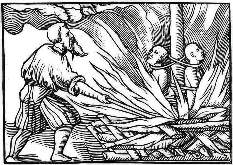 Burning of witches in the 18th century, shaven witches tied to the stake, the torturer setting fire, France, Historic, digitally restored reproduction from an original of the time, Europe