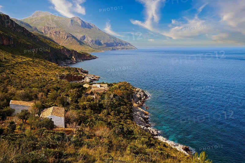 Coastline, stone houses, red tiled roofs, green mountains, sky replaced (KI), Zingaro, national park, nature reserve, north-west, Sicily, Italy, Europe