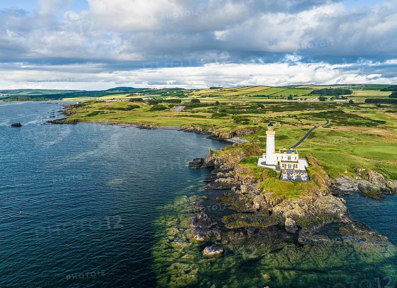Turnberry Lighthouse from a drone, Turnberry Point Lighthouse, Trump Turnberry Golf Resort, South Ayrshire Coast, Scotland, UK