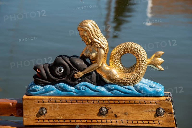 Enkhuizen, Netherlands, June 2022. The decorated helm stol of a barge at the Zuiderzee Museum in Enkhuizen. Selective focus. Close up