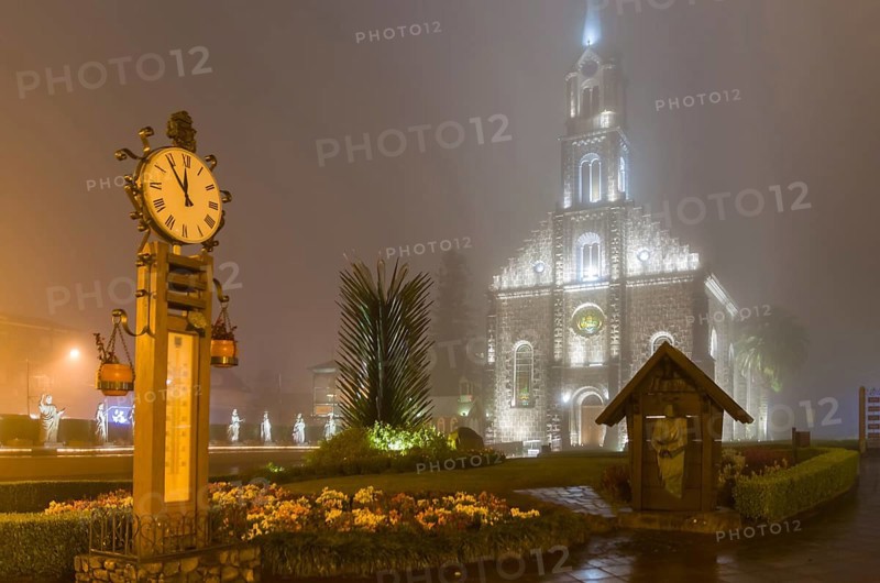 St. Peter the Apostle Mother Church (Igreja Matriz Sao Pedro Apostolo) and famous thermometer in night lighting, Gramado, Rio Grande do Sul, Brazil, South America