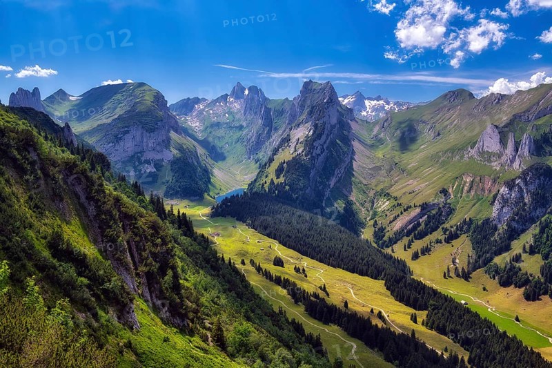 View of Alpstein with mountains Altmann and Säntis, Appenzell Alps, Canton Appenzell Innerrhoden, Switzerland, Europe
