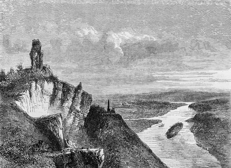 Drachenfels medieval castle, ruin, Rhine, romantic Rhine valley, Germany, Le Rhin, Victor Hugo, historical illustration c. 1843, Europe