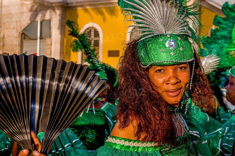 Happy, colourful costumed people. Carnival. Mindelo. Cabo Verde. Africa