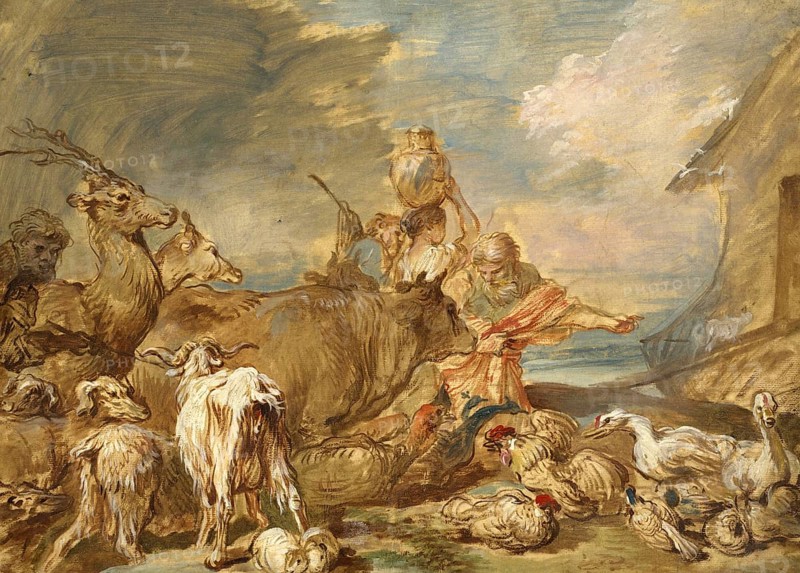 Noah leading the animals into the ark, Noah's ark was, according to the biblical Book of Genesis, a buoyant box built by the patriarch Noah, c. 1660, painting by Giovanni Benedetto Castiglione, Historic, digitally restored reproduction from an original of the period