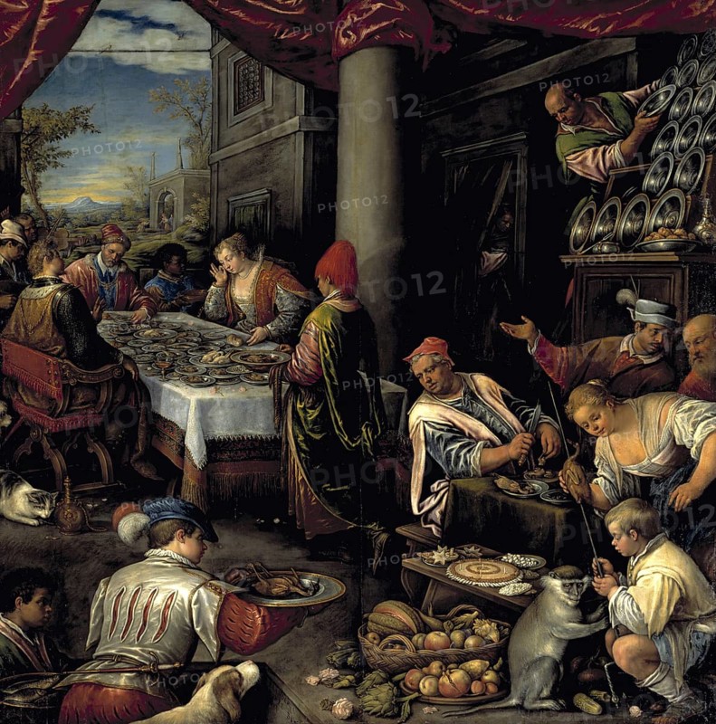 The Feast of Antony and Cleopatra, Pharaoh Cleopatra VII born 69 BC, died 12 August 30 BC, ruled Egypt as the last queen of the Macedonian-Greek dynasty of the Ptolemies from 51 BC to 30 BC, Marcus Antonius, was a Roman politician and general, Painting by Leandro Bassano, Historic, digitally restored reproduction from an original of the period