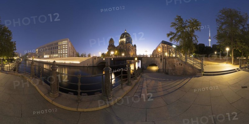 Berlin Cathedral, Humboldt Forum and TV Tower in 360Â° panoramic view at night, Berlin, Germany, Europe