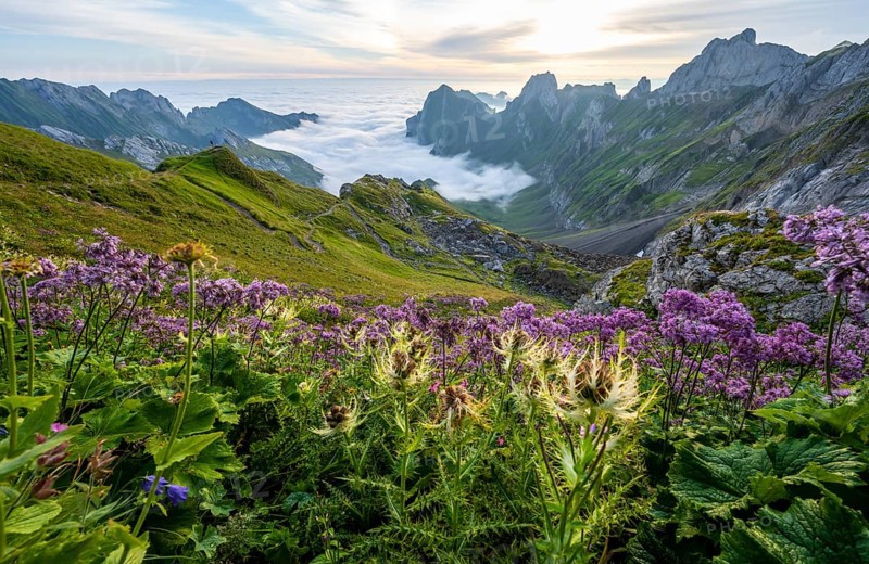 Thistles and purple flowers on a mountain meadow, view over Säntis mountains into the valley of Meglisalp at sunrise, Rotsteinpass, high fog in the valley, Säntis, Appenzell Ausserrhoden, Appenzell Alps, Switzerland, Europe