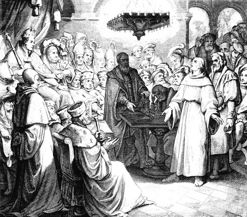 Martin Luther in front of Emperor and Empire in 1521, Emperor Charles, clergy, electors, Cardinal Aleander, papal bull, Catholicism, Protestantism, conflict, hall, candlestick, defend, religion, table, interrogation, 16th century, historical illustration circa 1860