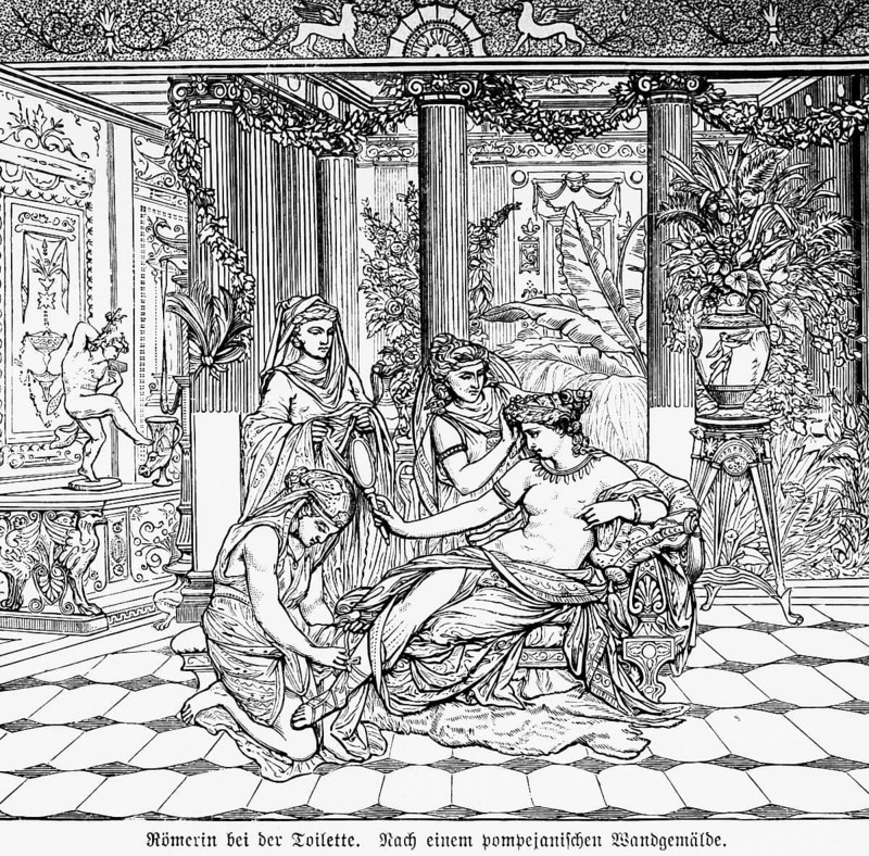 Roman woman at the toilet, Rome, Italy, mural Pompeii, woman, Roman, servants, slaves, palace, wealth, B.C., columns, ornaments, hall, cosmetics, personal hygiene, history, historical illustration 1894, Europe