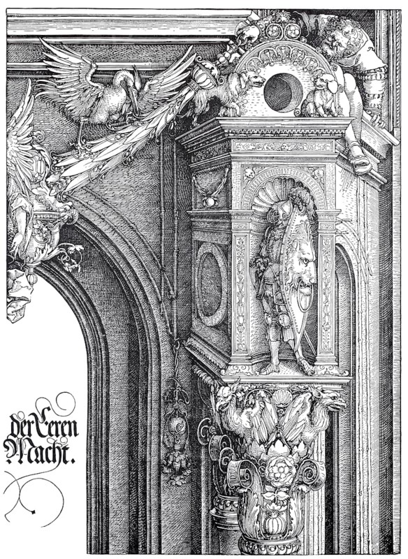 The triumphal arch. Part of the central gate. Regarding the bearers of the garlands crouching on the cornices of the niches, Wölfflin says they are German comrades of Michelangelo's Slaves on the Sistine Ceiling, woodcut by Albrecht Dürer, historical, digitally improved reproduction of an old woodcut