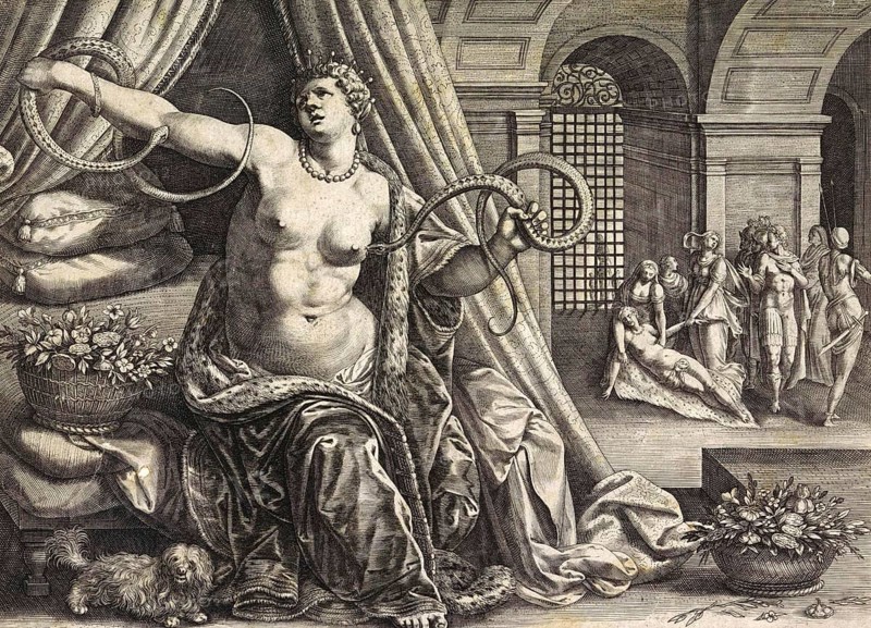 Pharaoh Cleopatra VII born 69 BC, died 12 August 30 BC, ruled Egypt as the last queen of the Macedonian-Greek dynasty of the Ptolemies from 51 BC to 30 BC, Cleopatra's death by the bite of the serpent, Painting by Raphael Sadeler, Historical, digitally restored reproduction from an original of the period