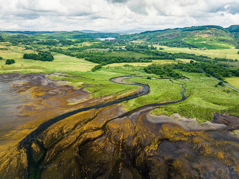 Loch Feochan and Feochan Bheag River from a drone, Feochan Glen, Oban, Argyll and Bute, West Highlands, Scotland, UK