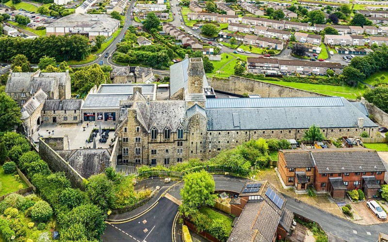 Bodmin Jail and Bodmin Luxury Hotel from a drone, Bodmin Moor, Cornwall, England, UK
