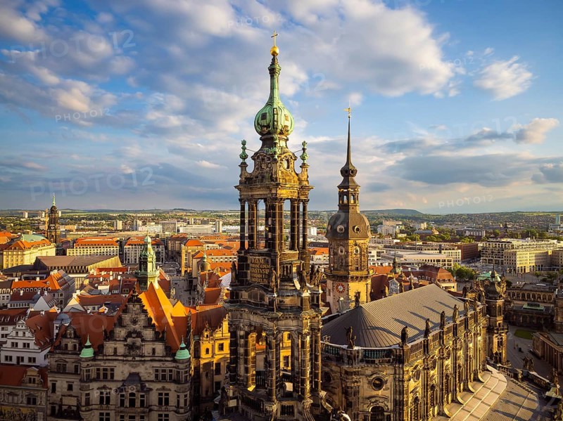 Old town of Dresden with the famous towers. in the foreground the Catholic Court Church