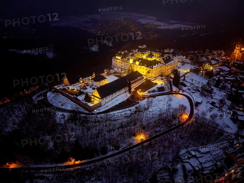 Augustusburg Hunting Lodge, also known as the Crown of the Ore Mountains, on a Winter Evening