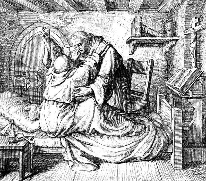 Martin Luther is mentally and physically tired, a monastic brother strengthens him with comforting encouragement, Germany, monastery, room, cell, monk, help, bed, bedside table, medicine, bible, table, crucifixion, books, 16th century, historical illustration c. 1860, Europe