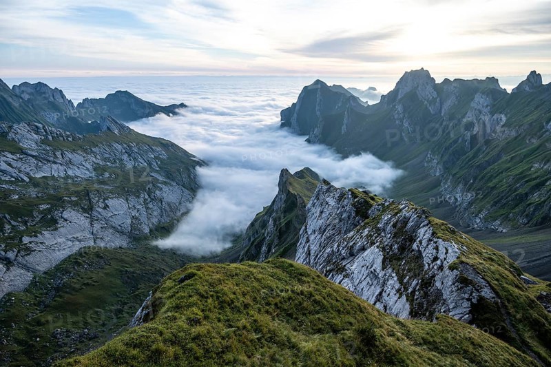 Alpstein, valley of Meglisalp at sunrise, high fog in the valley, Säntis, Appenzell Ausserrhoden, Appenzell Alps, Switzerland, Europe