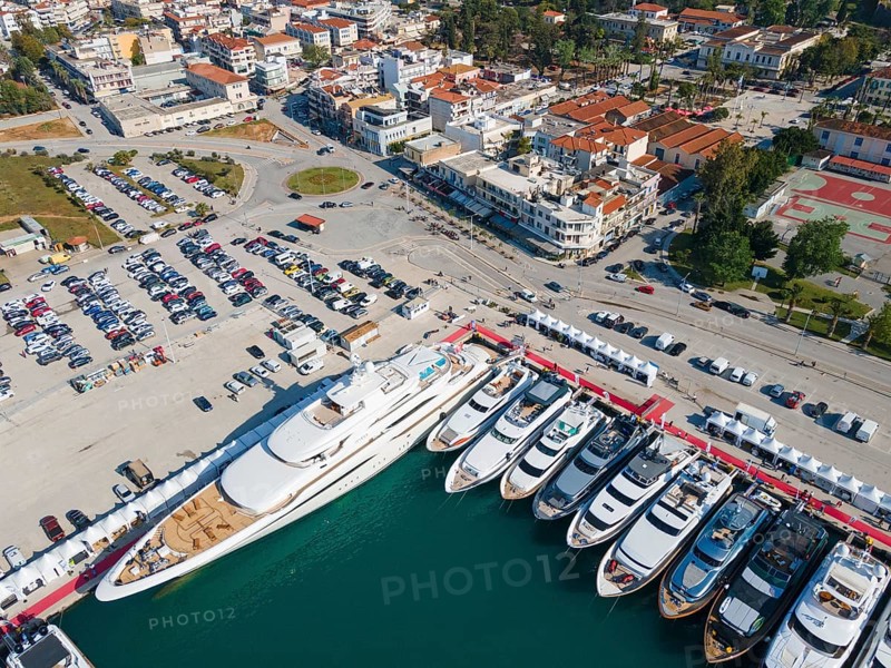 Aerial view, Mediterranean Yacht Show, harbour, Nafplio, Nauplia, Nafplion, Argolis, Argolic Gulf, Peloponnese, Greece, good weather, sea, Europe