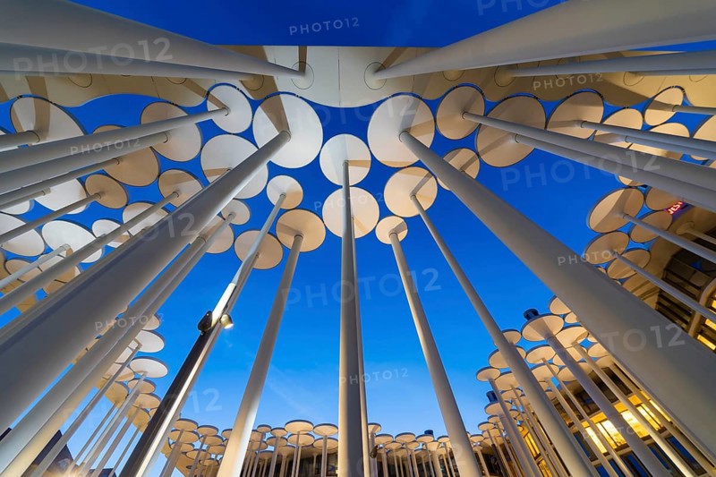 SAB Forum, designed by London-based architects ACME, 165 million euros. The Forum is a column garden in front of the SAB, consisting of 159 columns with a height of around 20 m. There are a further 92 columns on the building itself, 68 of which are free-standing and 24 of which penetrate the building. The columns are used as sun protection, partly for smoke extraction from the underground car park and as a design element