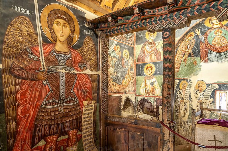 The painted interior of the barn-roofed Church of Archangelos Michail or Church of St. Michael the Archangel in Pedoulas, Cyprus, Europe