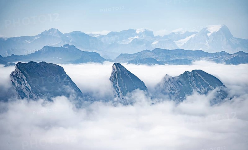 Churfirsten, high fog in the valley, view from Säntis, Appenzell Ausserrhoden, Appenzell Alps, Switzerland, Europe