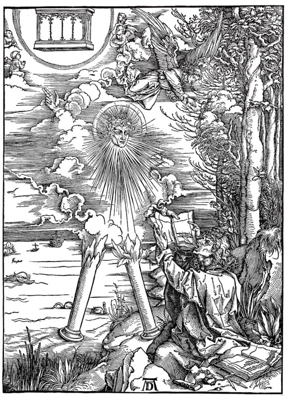 Picture cycle The Apocalypse, John devours the book, woodcut by Albrecht Dürer, historical, digital improved reproduction of an old woodcut