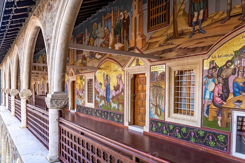 Mosaics in the corridor of Kykkos Monastery in the Troodos Mountains, Cyprus, Europe