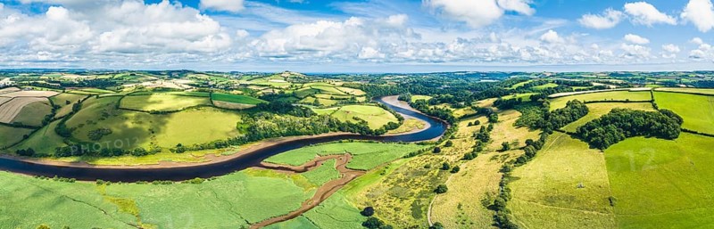 Panorama over Sharpham Meadows and Marsh over River Dart from a drone, Totnes, Devon, England, United Kingdom, Europe