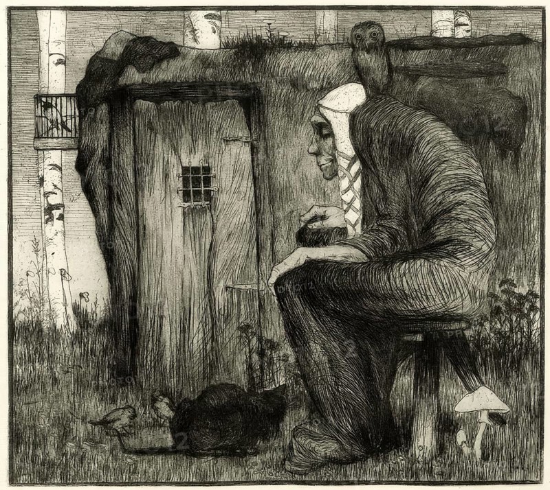 Old witch with an owl on her shoulder sitting in front of her witch's house, c. 1820, after a work of art by Heinrich Vogeler, Historic, digitally restored reproduction from an original of the time