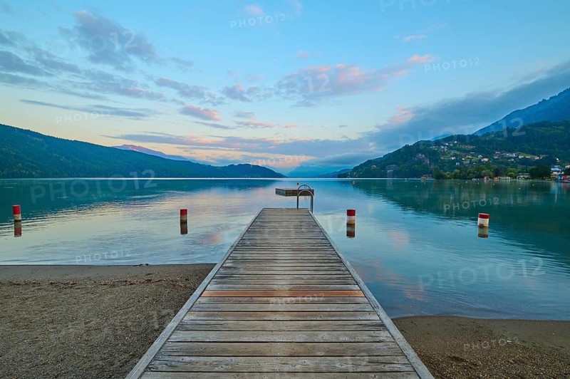 Lake shore, reflection, wooden jetty, sky, clouds, twilight, sunrise, summer, Lake Millstatt, Döbriach, Carinthia, Austria, Europe