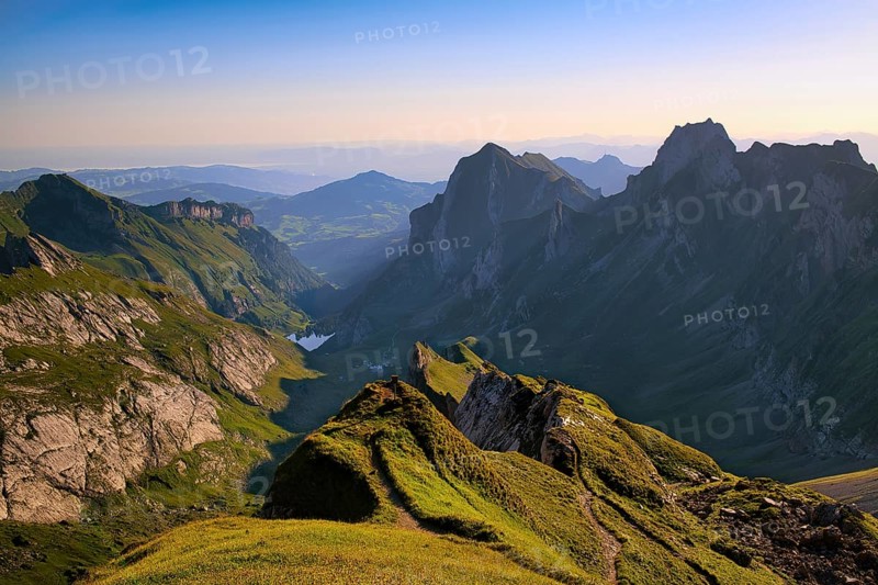 View of the Alpstein mountains with Seealpsee and Hoher Kasten mountain, with the Rhine valley and Lake Constance in the background, Canton Appenzell Innerrhoden, Switzerland, Europe