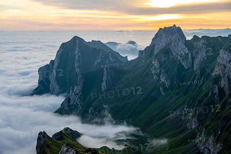 Alpstein, valley of Meglisalp at sunrise, high fog in the valley, Säntis, Appenzell Ausserrhoden, Appenzell Alps, Switzerland, Europe