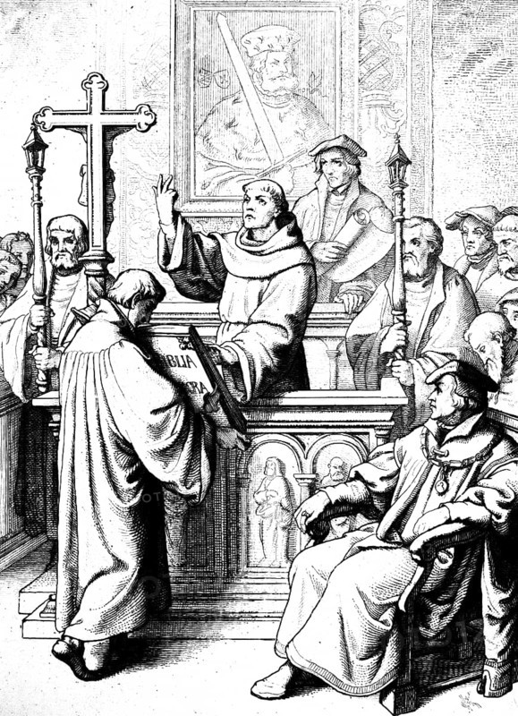 Martin Luther is solemnly conferred the degree of Doctor of Holy Scripture by Karlstadt in 1512, Germany, academic doctorate, cross, space, ceremony, university, dignity, 16th century, historical illustration c. 1860, Europe