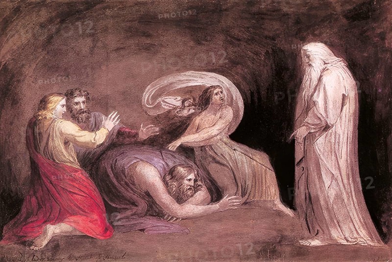 The necromancer or witch of Endor, a character in the 1st Book of Samuel of the Bible, awakens the spirit of Samuel, 1783, Historic, digitally restored reproduction from an original of the period