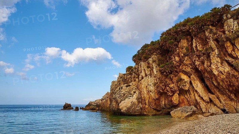 Bay, rocks, pebble beach, blue sky, white clouds, Zingaro, national park, nature reserve, northwest, Sicily, Italy, Europe