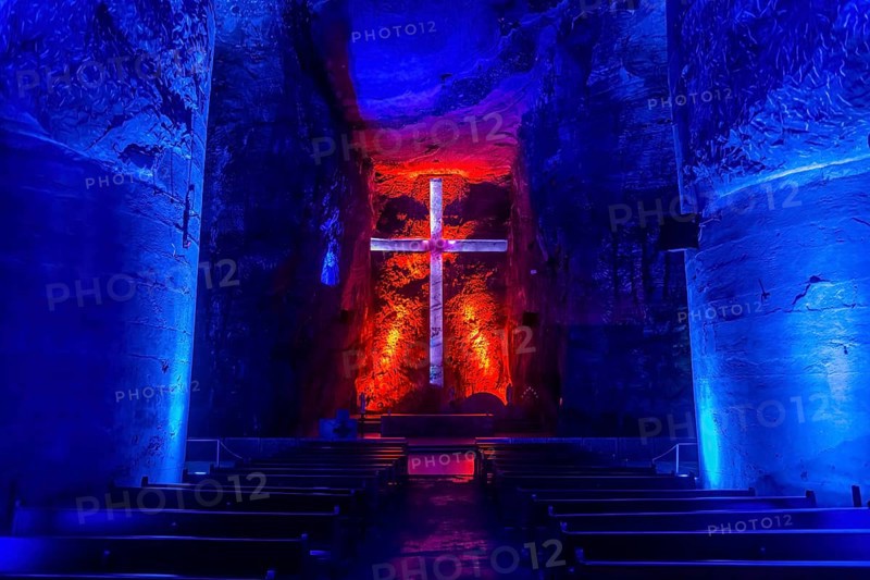 Giant salt cross in the Salt cathedral of Zipaquira, Colombia, South America