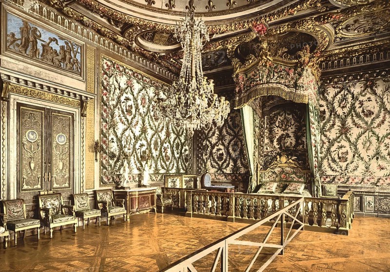 The Bedroom of Marie Antoinette in Fontainebleau Castle, Ile-de-France, France, c. 1890, Historic, digitally enhanced reproduction of a photochrome print from 1895, Europe