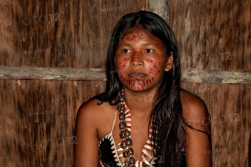 Portrait of an Indian woman from the Dessanos tribe with traditional paintings on her face, Rio Taruma, Manaus, Amazon state, Brazil, South America