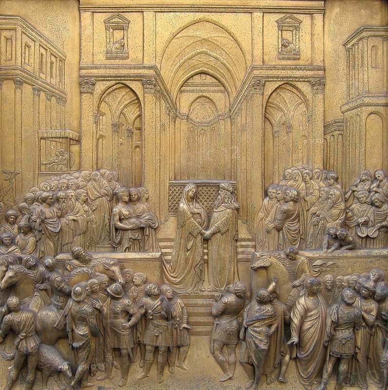 Solomon Meets the Queen of Saaba, Saba, Relief on the Paradise Door of the Florentine Baptistery, Florence, Tuscany, Italy, Historic, digitally restored reproduction from an original of the period, Europe