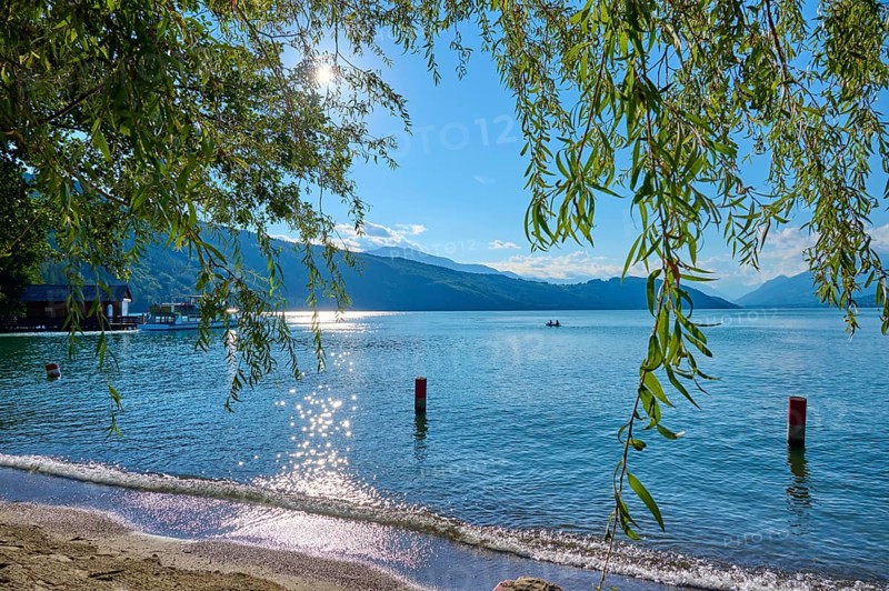 Lake shore, boathouse, excursion boat, sun, evening, summer, Lake Millstatt, Döbriach, Carinthia, Austria, Europe