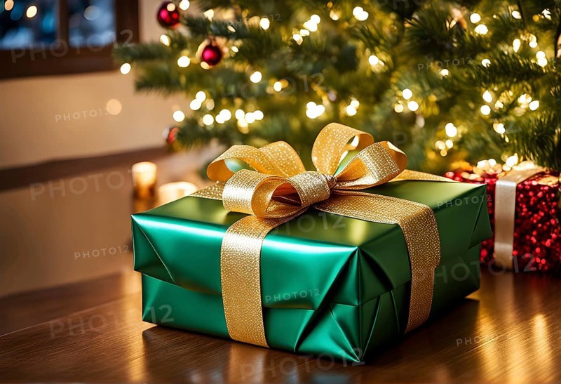 Close-up of a beautifully wrapped Christmas gift with a satin ribbon, set under a glowing Christmas tree, AI generated