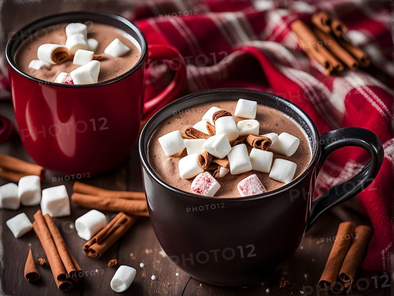 A close-up of a steaming cup of hot cocoa topped with marshmallows, surrounded by cinnamon sticks, candy canes, and a plaid blanket, evoking a warm, festive feel, AI generated